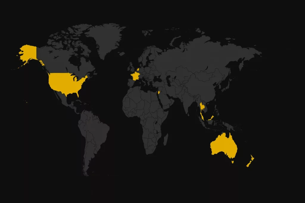 carte du monde avec les principaux pays où l’on peut acheter une voiture avec des cryptos