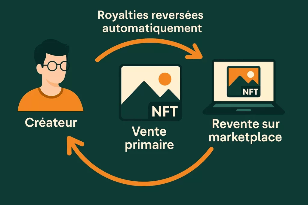 Illustration d’un NFT générant des revenus passifs, avec une représentation stylisée de flux financiers, de contrats intelligents et d’un NFT central dans un environnement numérique